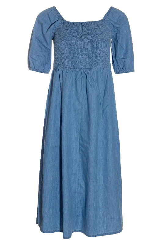 Shirred bodice 100% Cotton Dress | LIGHT DENIM | 6651AR