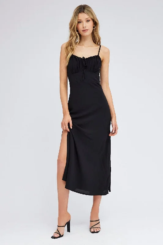 Black Midi Dress Gathering Bust Sleeveless