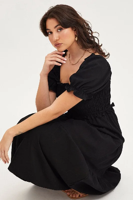 Black Shirred Dress Puff Sleeve Maxi