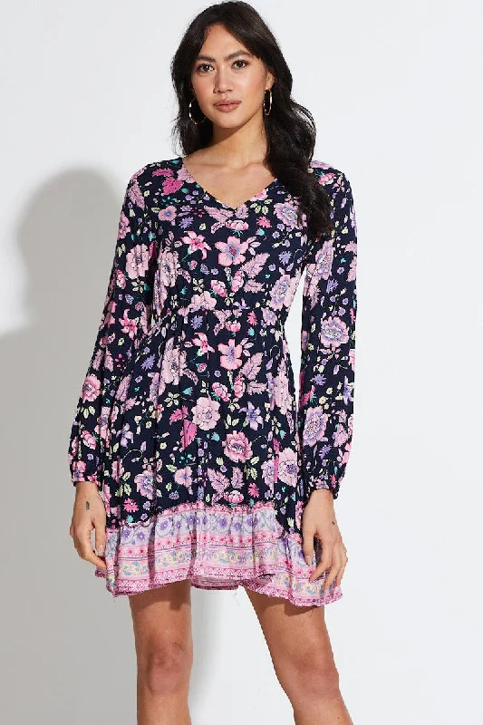 Boho Print Mini Dress Long Sleeve V Neck