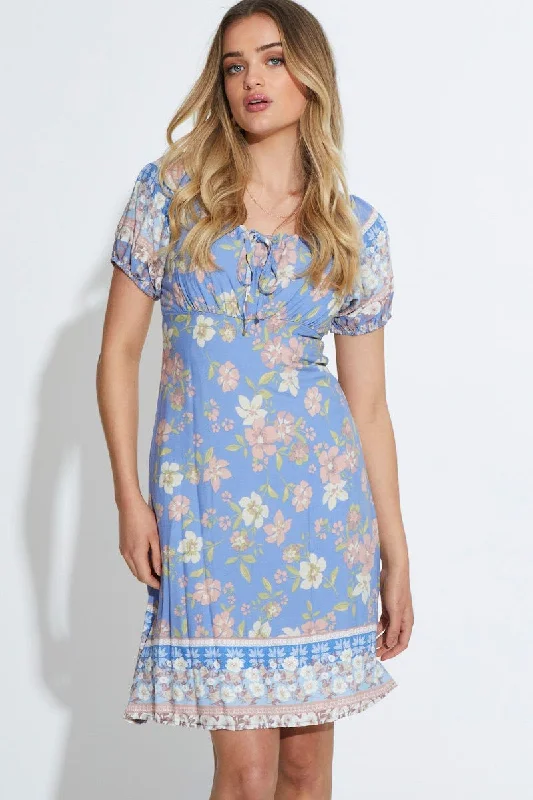 Boho Print Mini Dress Short Sleeve