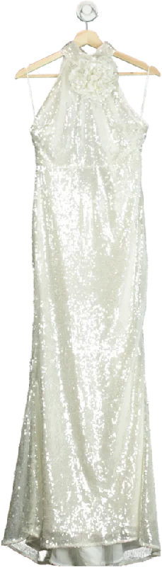 Karen Millen White Sequin Rosette Halter Woven Maxi Dress UK 6