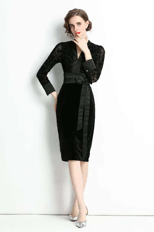 Black Evening Bodycon V-neck Long Sleeve Knee Dress with Bow