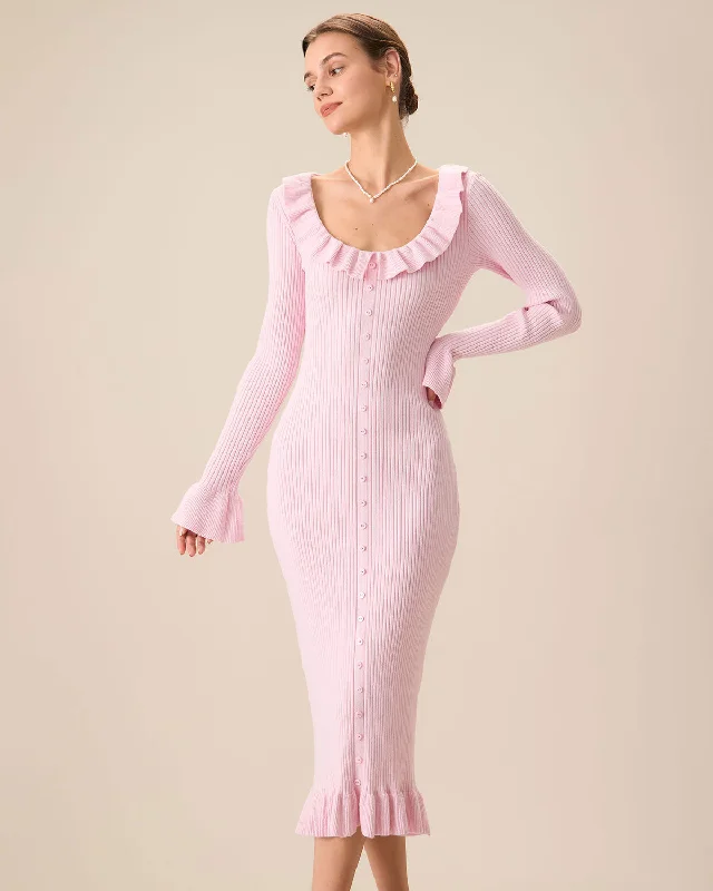 Women's Pink U-Neck Ruffle Bodycon Sweater Dress