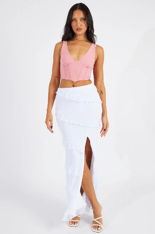 White Maxi Skirt Mesh Frilled Mesh