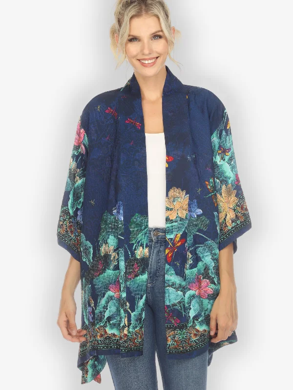 Dragonfly Lotus Turquoise Silk Kimono Top